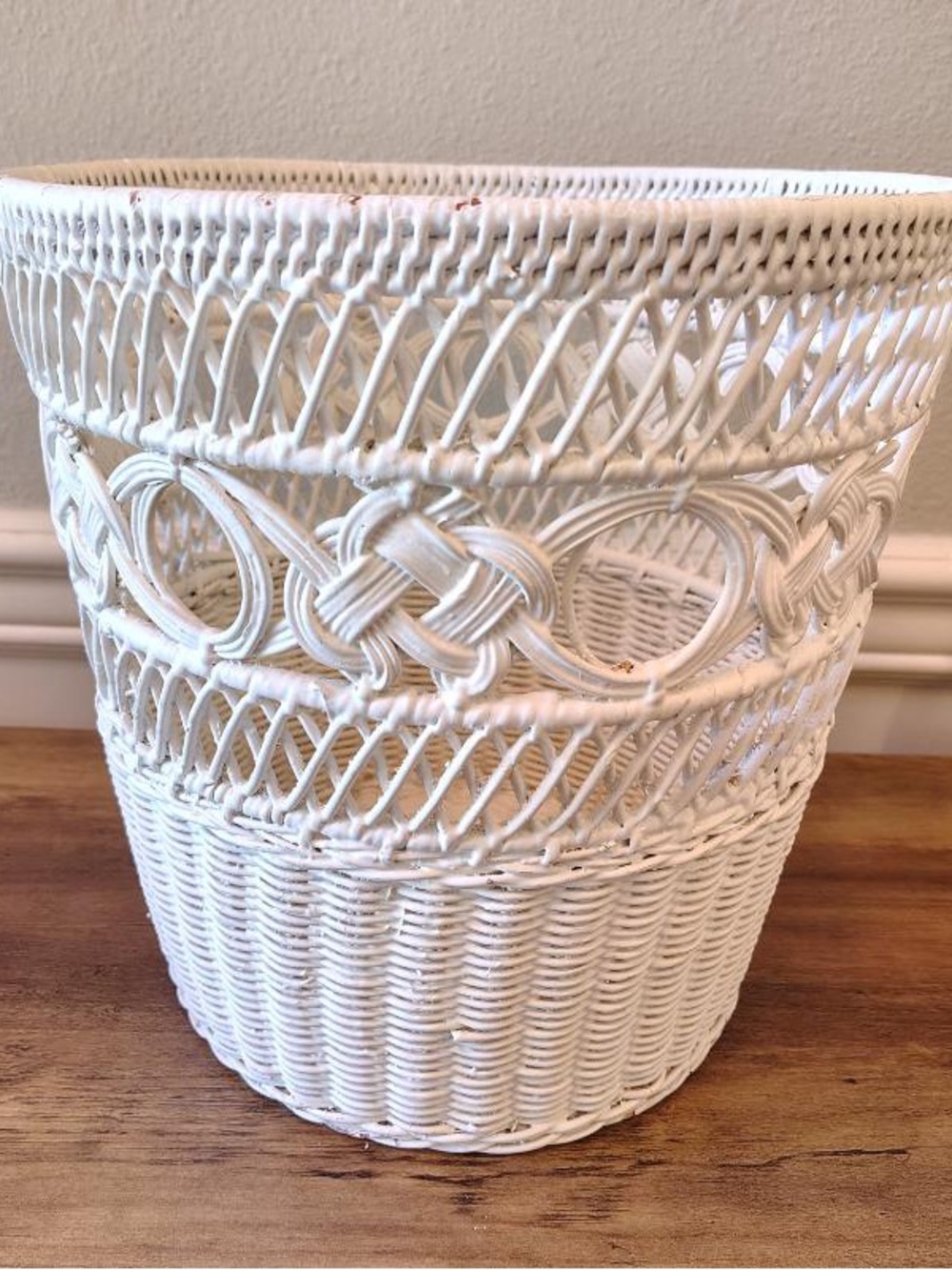 Vtg MCM Wicker Rattan Trash Can White Waste Basket Beachy Coastal Cottage